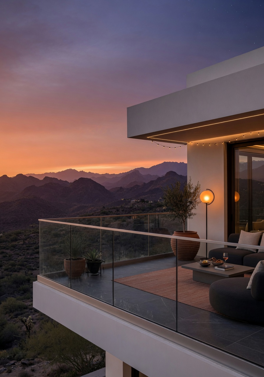Contemporary glass railing on modern balcony with mountain views