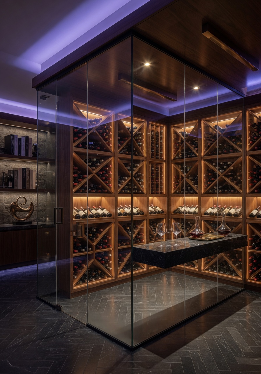 Elegant glass wine cellar with wooden racks and dramatic lighting